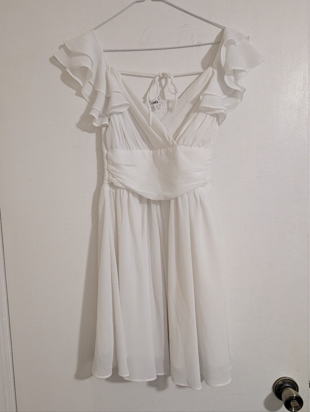 FOROLAV White Chiffon Flutter Sleeve Mini Dress Smocked Back Tie Bridal Small